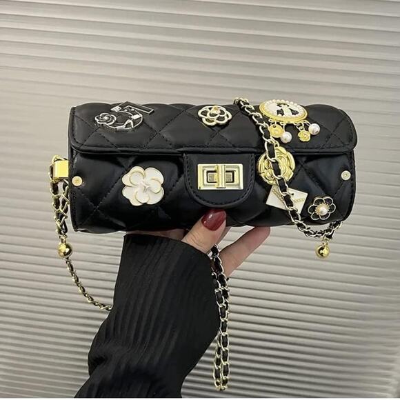 Black Lucky Charms Quilted Cylinder Shoulder Crossbody Bag - Picture 15 of 15